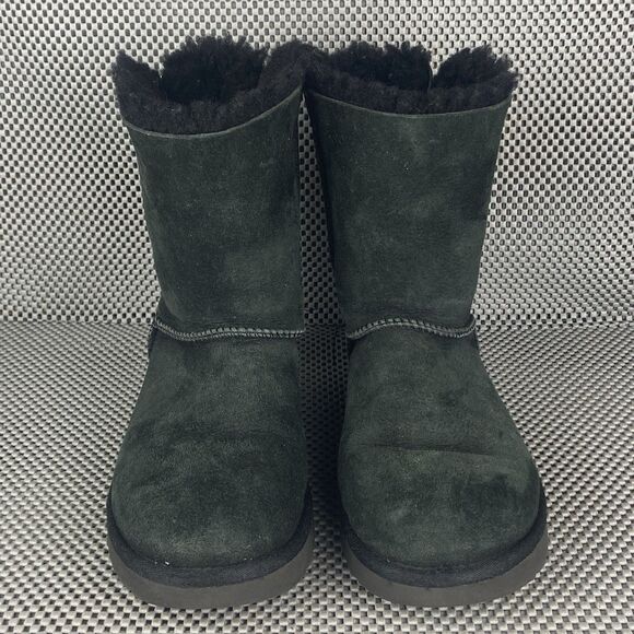 UGG Bailey Bow II Boots Womens Size 7 Black Leather Sheepskin Pull On Winter - Picture 6 of 12